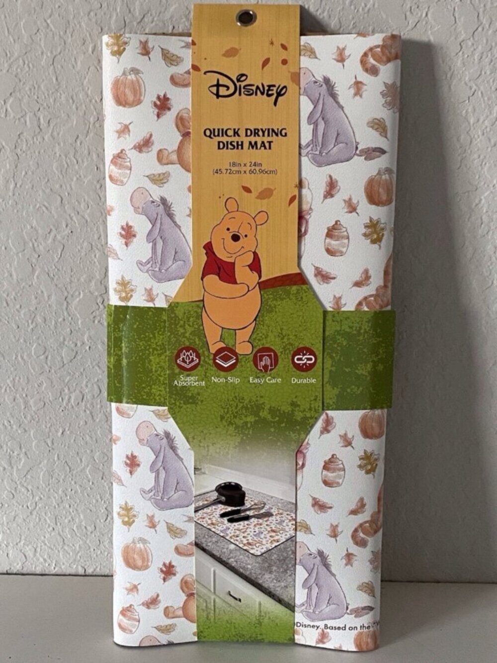 Disney Winnie The Pooh QUICK DRYING RUBBER Kitchen Dish Mat 18 X 24” Autumn Fall